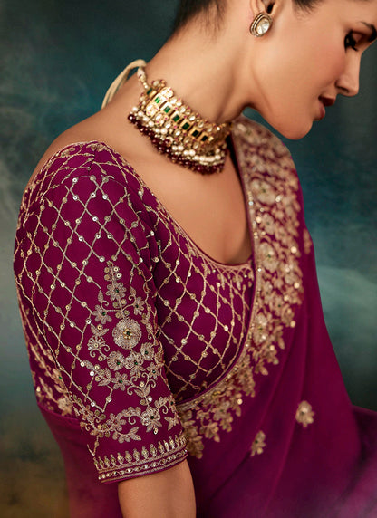 Pure Fancy Burgundy Bridal Wear Heavy Work Bridal Saree 387355