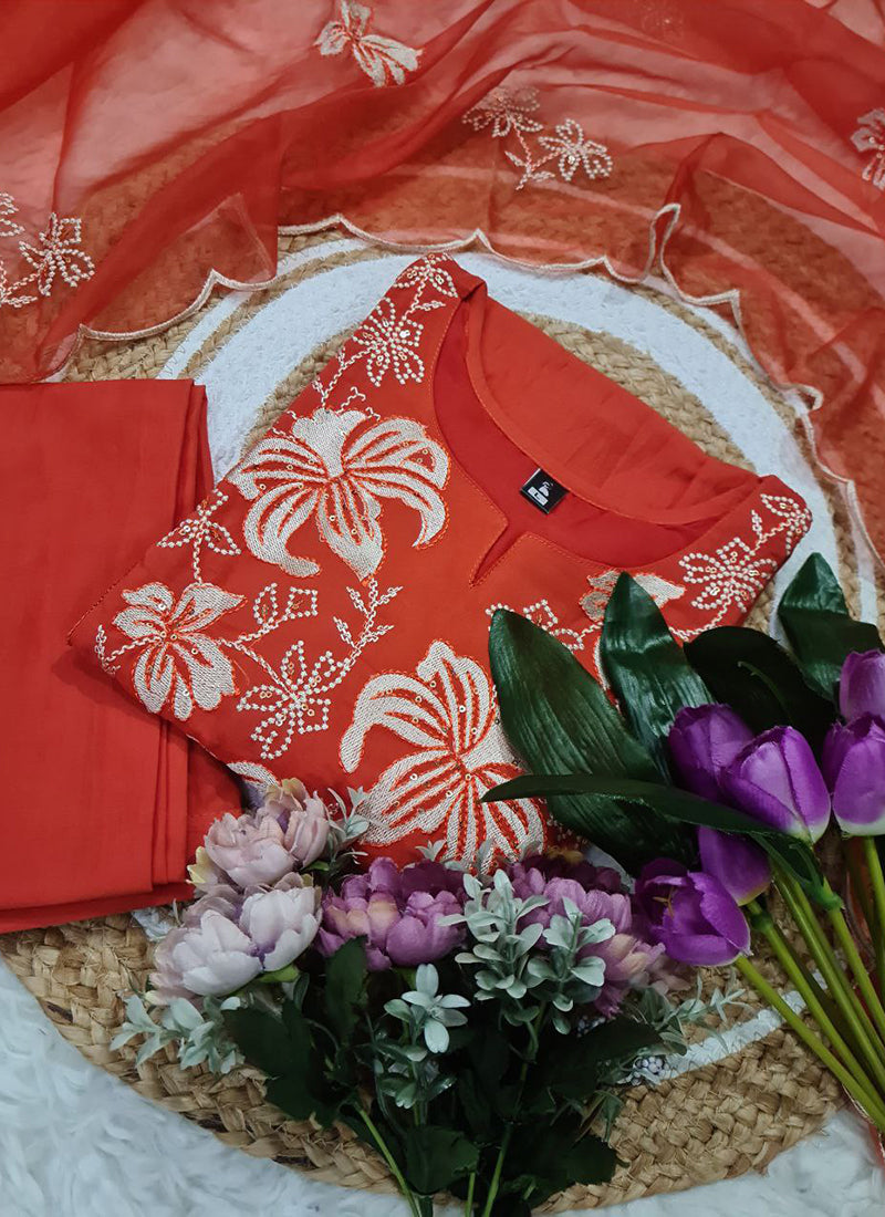 Viscose Orange Occasional Wear Sequins Work Readymade Salwar Suit 387187