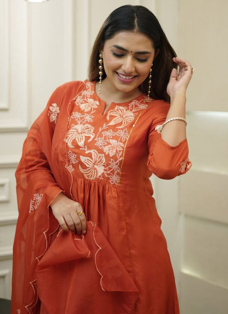 Viscose Orange Occasional Wear Sequins Work Readymade Salwar Suit 387187