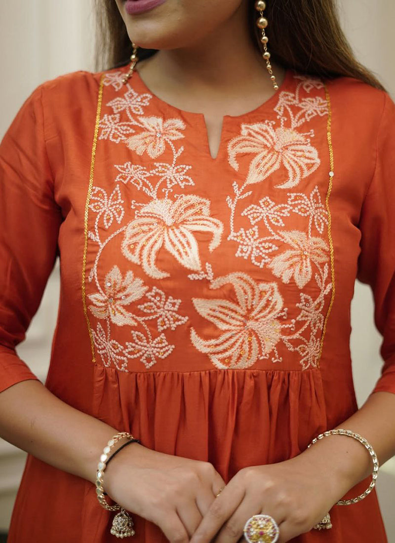 Viscose Orange Occasional Wear Sequins Work Readymade Salwar Suit 387187