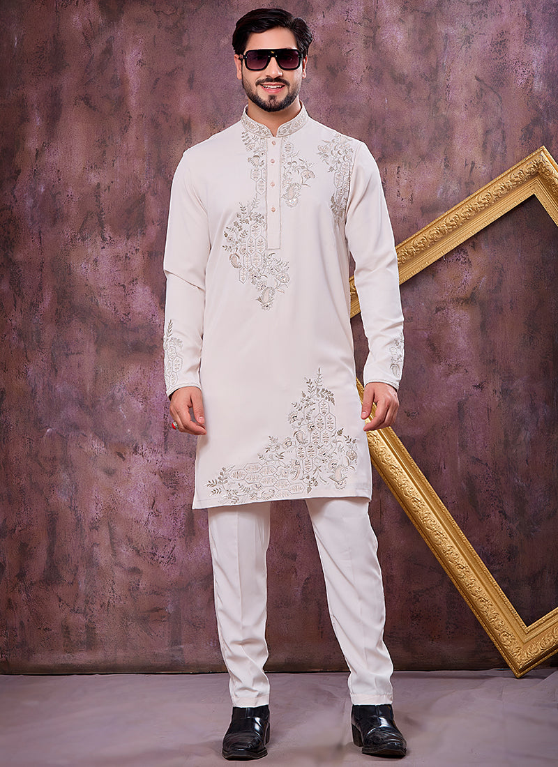 Cream Armani  Mirror Work Occasional Wear Readymade Kurta Pajama SW360825