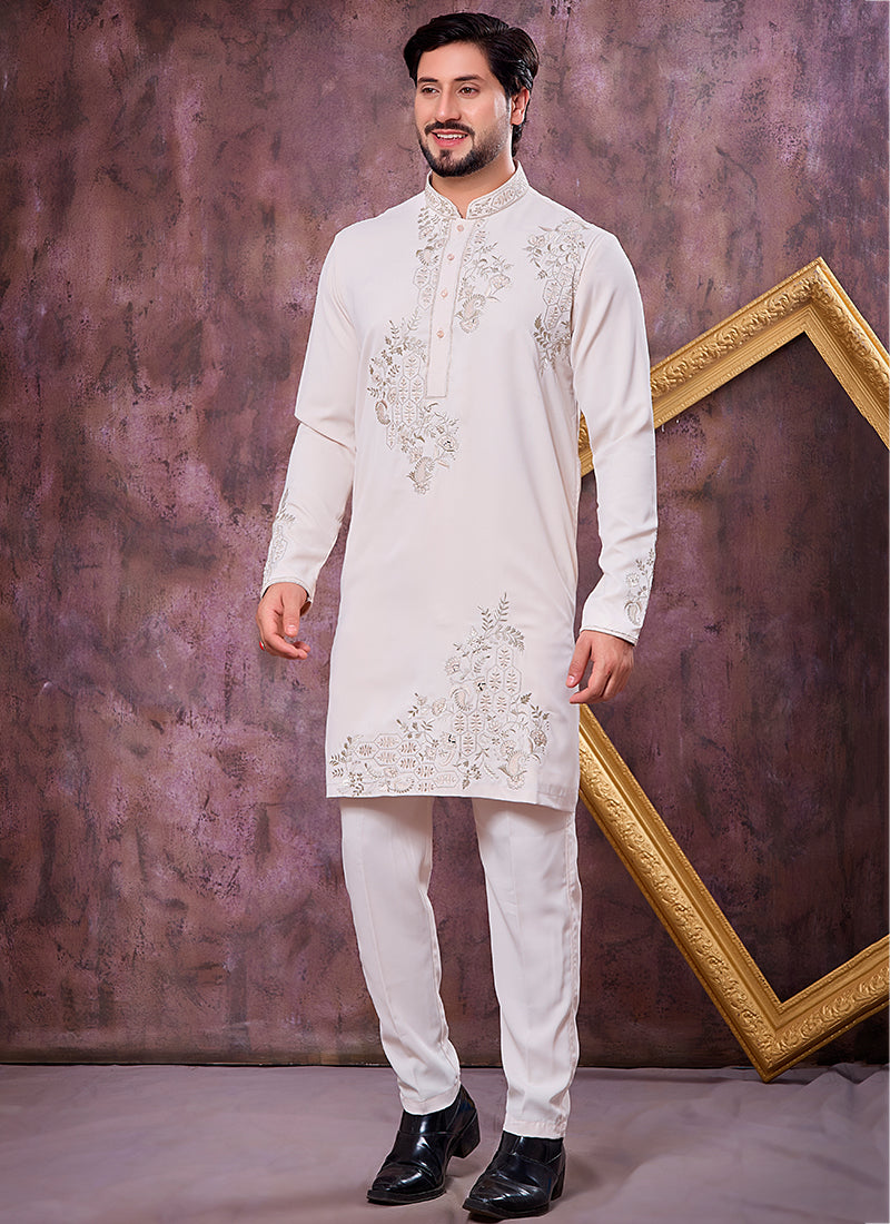 Cream Armani  Mirror Work Occasional Wear Readymade Kurta Pajama SW360825
