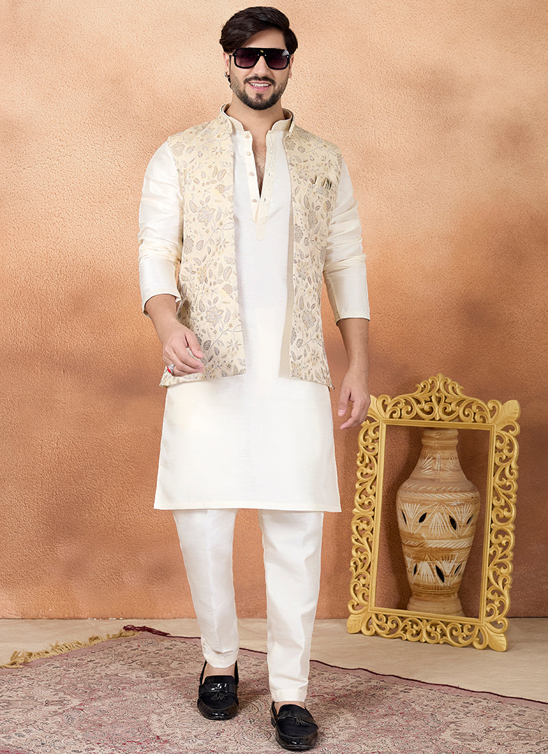 Cream Art Banarasi Silk Pintux Wedding Wear Readymade Modi Jacket Kurta Pajama SW818183