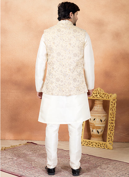 Cream Art Banarasi Silk Pintux Wedding Wear Readymade Modi Jacket Kurta Pajama SW818183