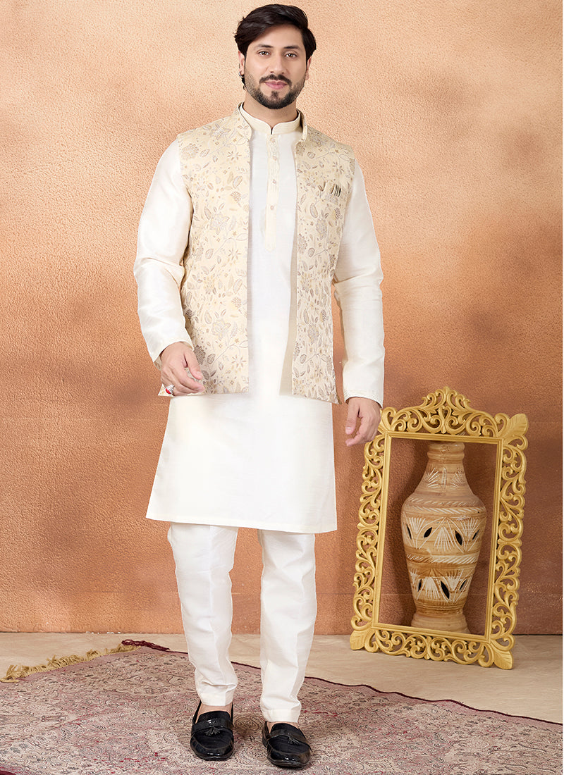 Cream Art Banarasi Silk Pintux Wedding Wear Readymade Modi Jacket Kurta Pajama SW818183