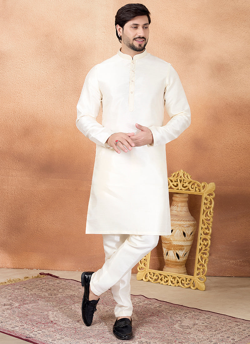 Cream Art Silk Pintux Occasional Wear Readymade Kurta Pajama SW902513