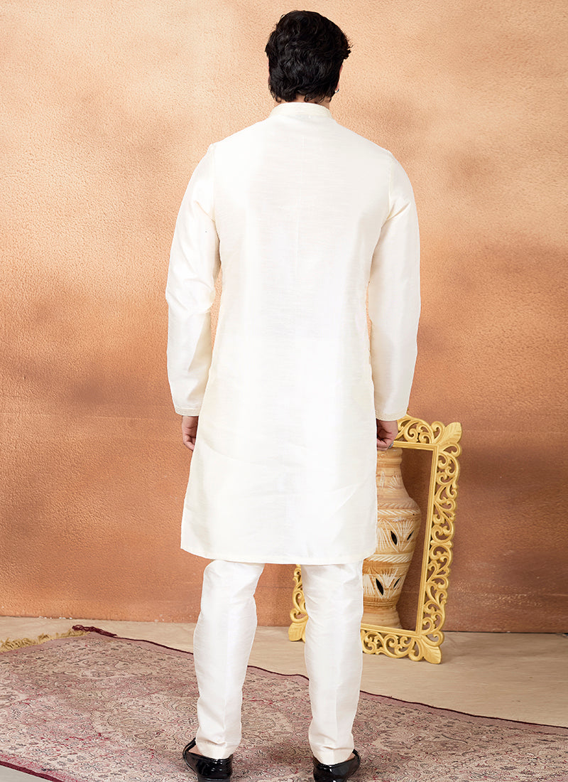 Cream Art Silk Pintux Occasional Wear Readymade Kurta Pajama SW902513
