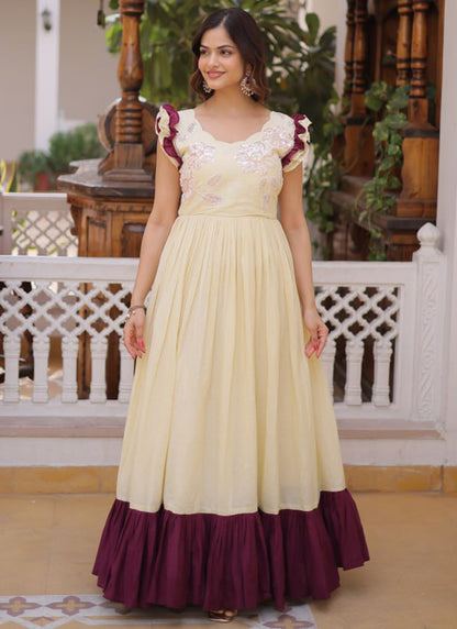 Cream Cotton Sequins Work  Party Wear Readymade Gown SW300167