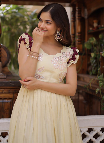 Cream Cotton Sequins Work  Party Wear Readymade Gown SW300167