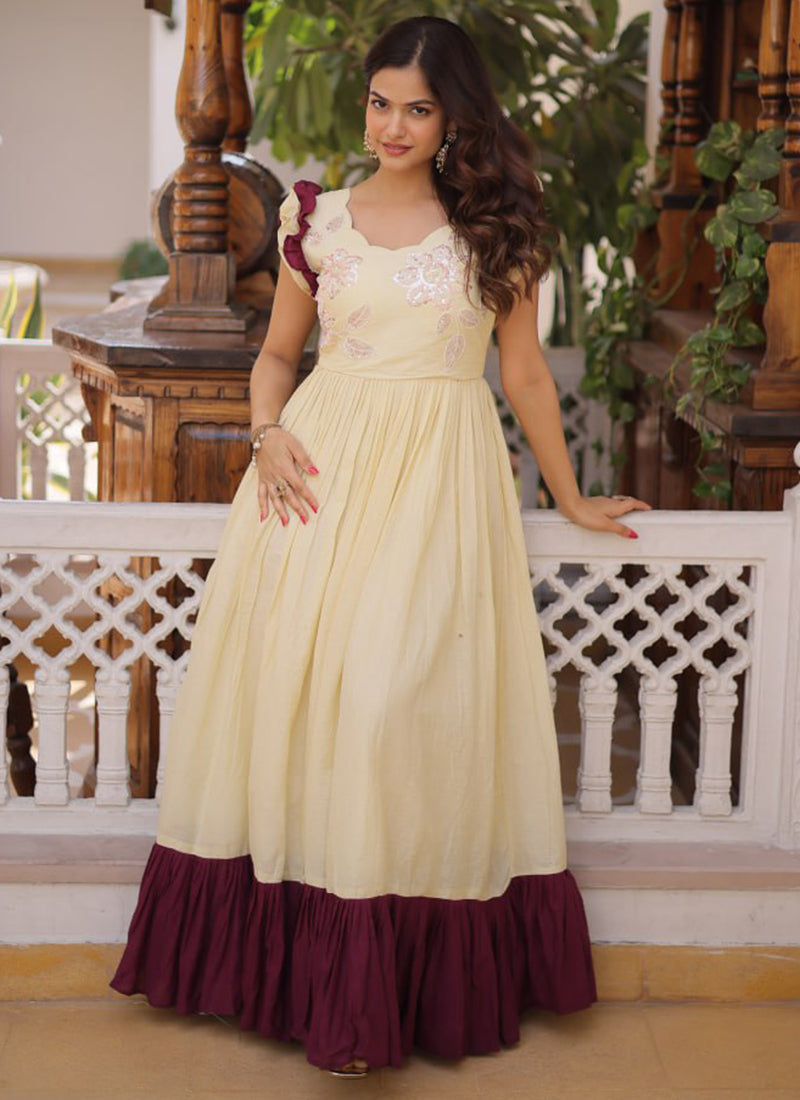 Cream Cotton Sequins Work  Party Wear Readymade Gown SW300167