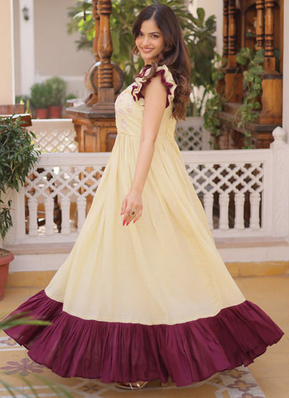 Cream Cotton Sequins Work  Party Wear Readymade Gown SW300167