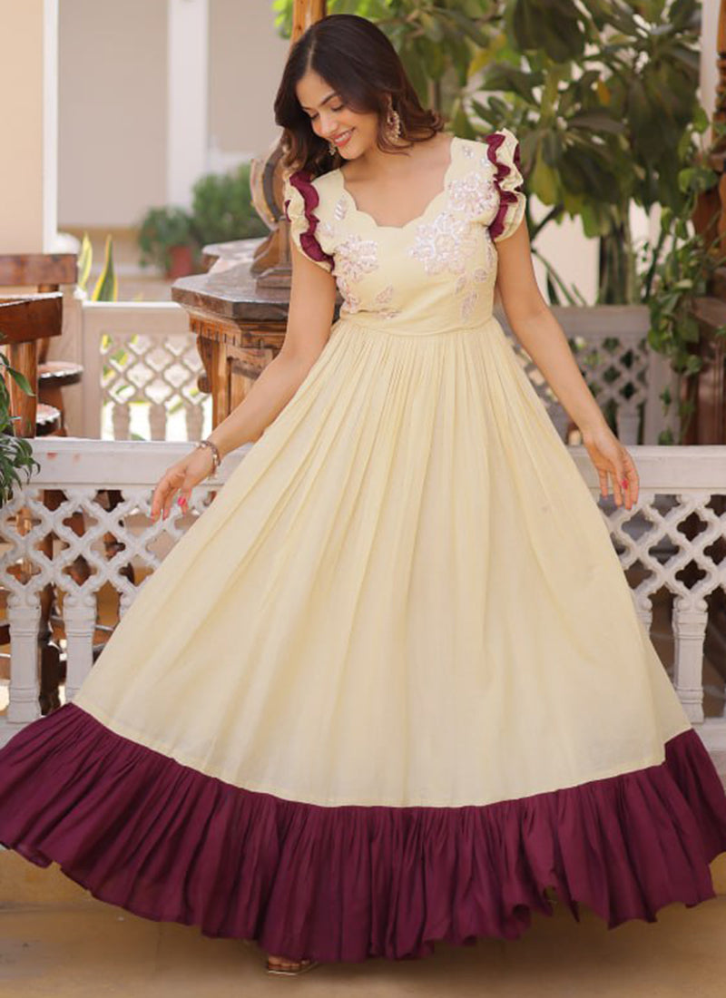 Cream Cotton Sequins Work  Party Wear Readymade Gown SW300167