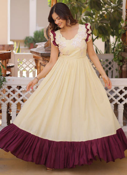 Cream Cotton Sequins Work  Party Wear Readymade Gown SW300167