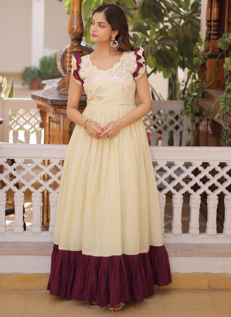 Cream Cotton Sequins Work  Party Wear Readymade Gown SW300167