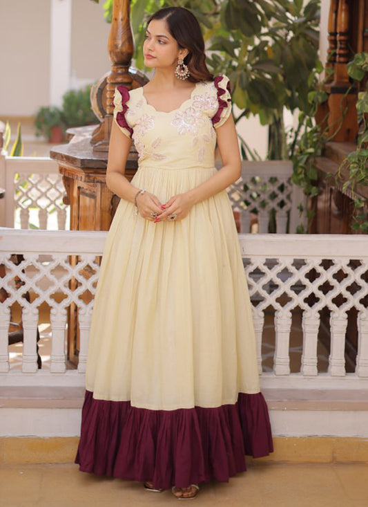 Cream Cotton Sequins Work  Party Wear Readymade Gown SW300167