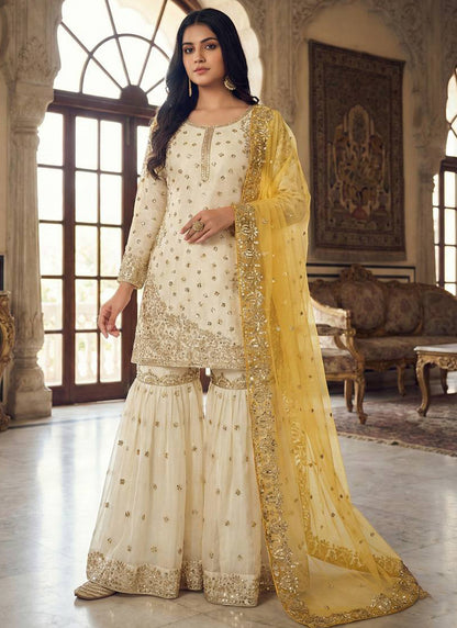 Cream Fendy Silk Sequins Work  Eid Wear Readymade Sharara Suit SW279122