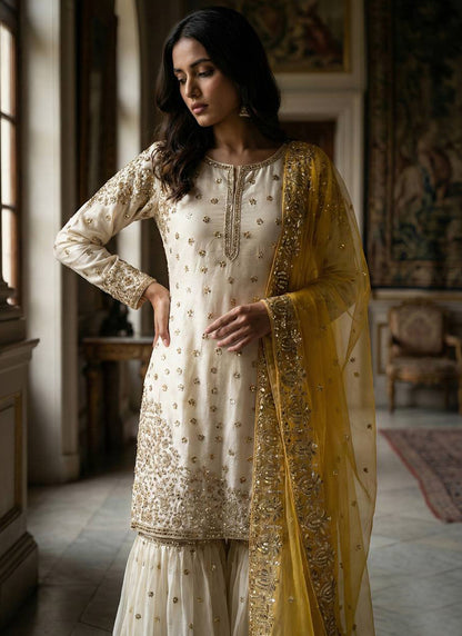 Cream Fendy Silk Sequins Work  Eid Wear Readymade Sharara Suit SW279122