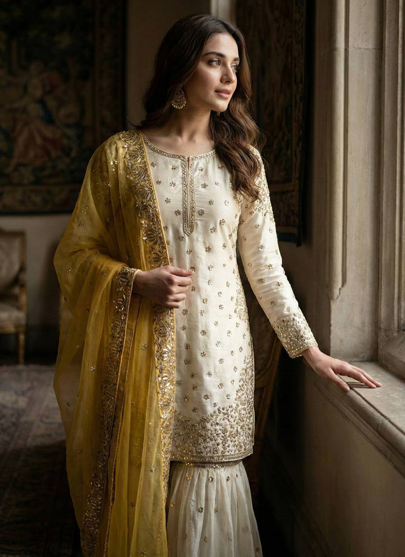 Cream Fendy Silk Sequins Work  Eid Wear Readymade Sharara Suit SW279122