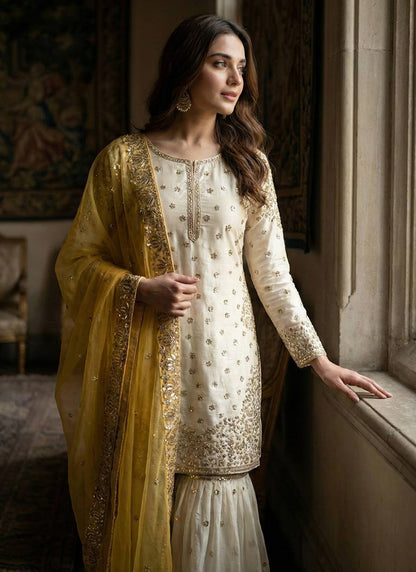 Cream Fendy Silk Sequins Work  Eid Wear Readymade Sharara Suit SW279122