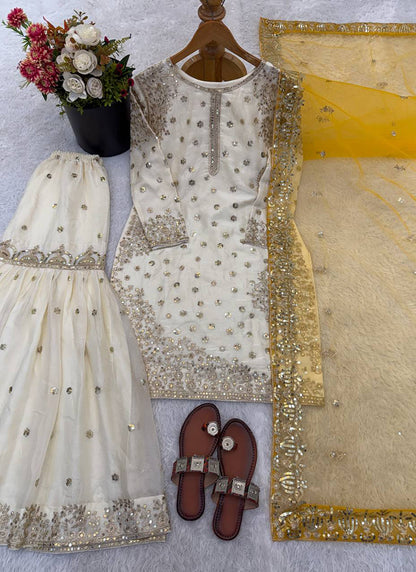 Cream Fendy Silk Sequins Work  Eid Wear Readymade Sharara Suit SW279122