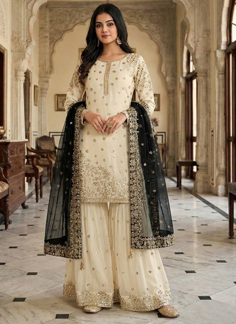 Cream Fendy Silk Sequins Work  Eid Wear Readymade Sharara Suit SW831237