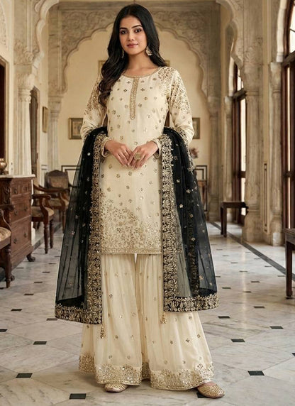 Cream Fendy Silk Sequins Work  Eid Wear Readymade Sharara Suit SW831237