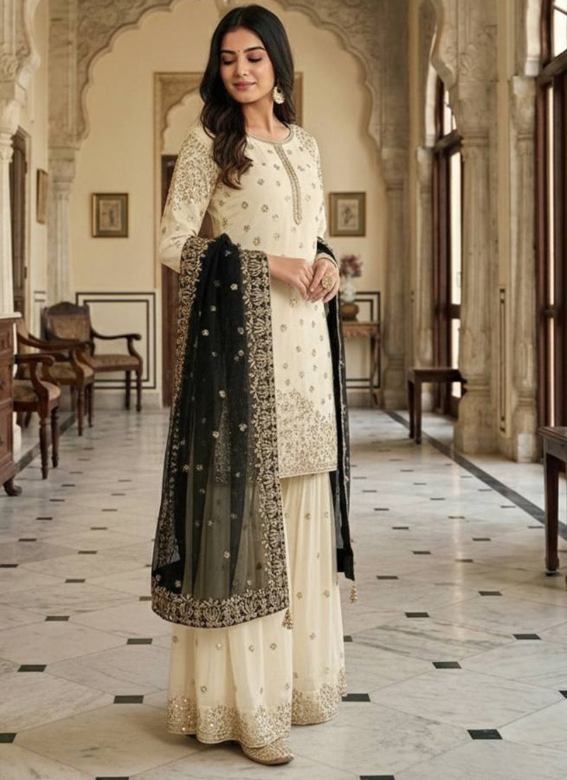Cream Fendy Silk Sequins Work  Eid Wear Readymade Sharara Suit SW831237