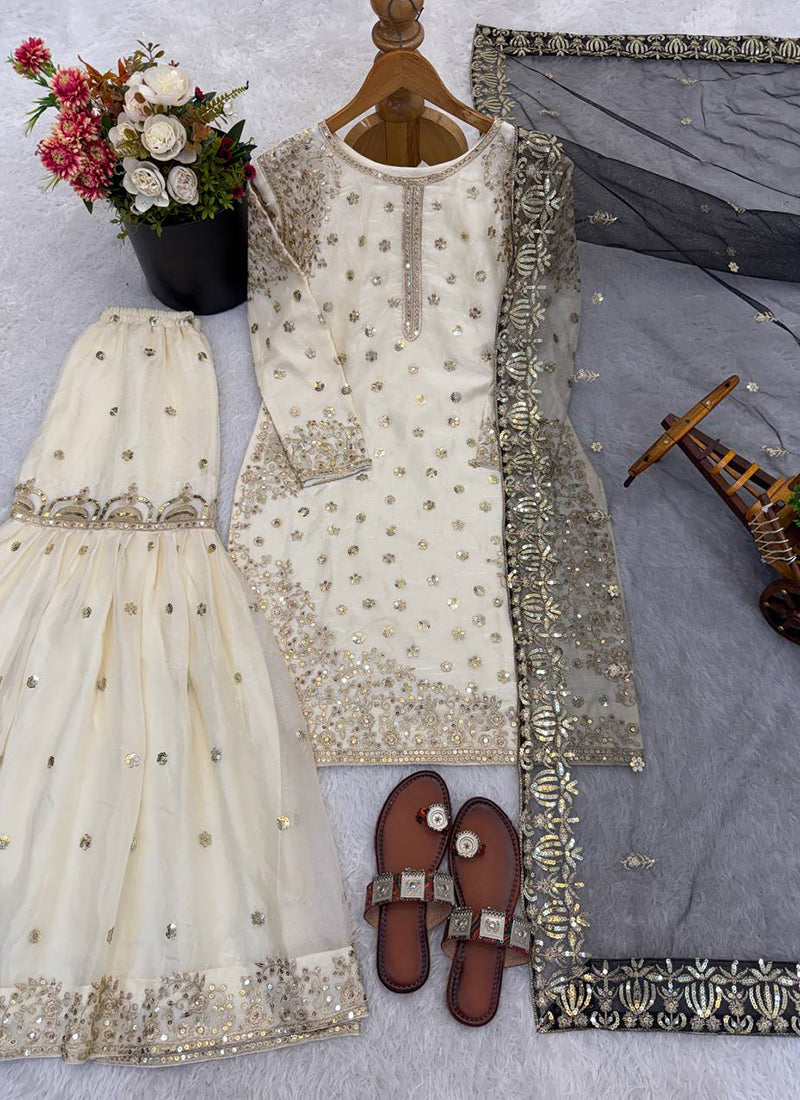 Cream Fendy Silk Sequins Work  Eid Wear Readymade Sharara Suit SW831237