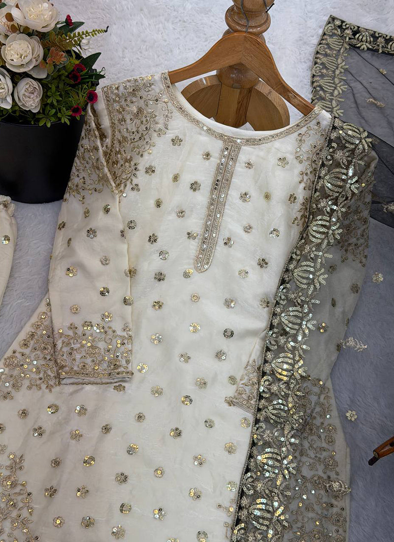 Cream Fendy Silk Sequins Work  Eid Wear Readymade Sharara Suit SW831237