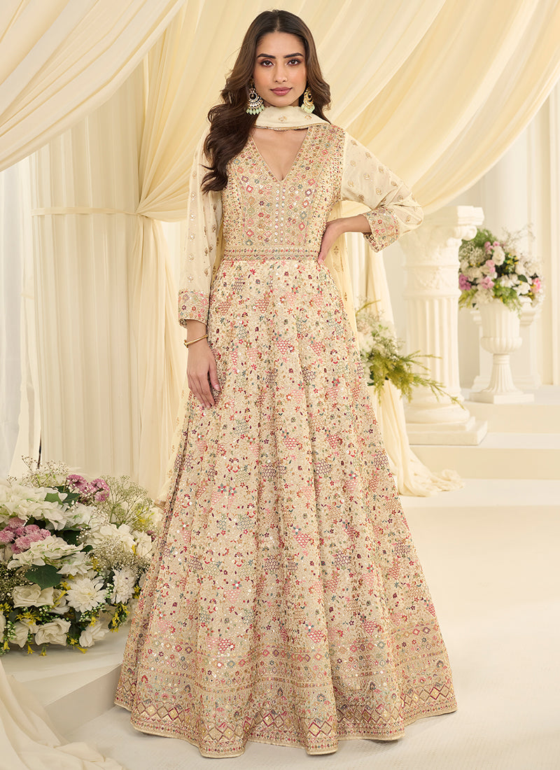 Cream Georgette Embroidery Work Wedding Wear Readymade Anarkali Suit SW931488