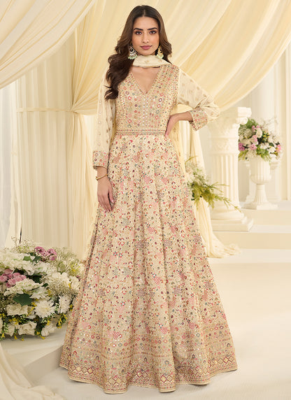 Cream Georgette Embroidery Work Wedding Wear Readymade Anarkali Suit SW931488