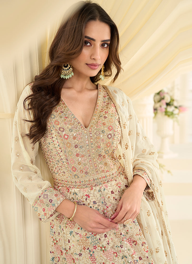 Cream Georgette Embroidery Work Wedding Wear Readymade Anarkali Suit SW931488