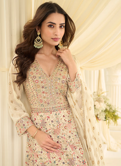 Cream Georgette Embroidery Work Wedding Wear Readymade Anarkali Suit SW931488