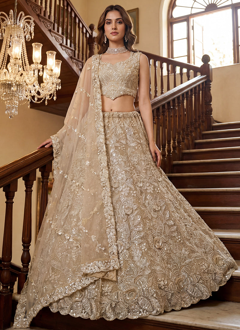 Cream Net Thread Work Wedding Wear Lehenga Choli SW758312
