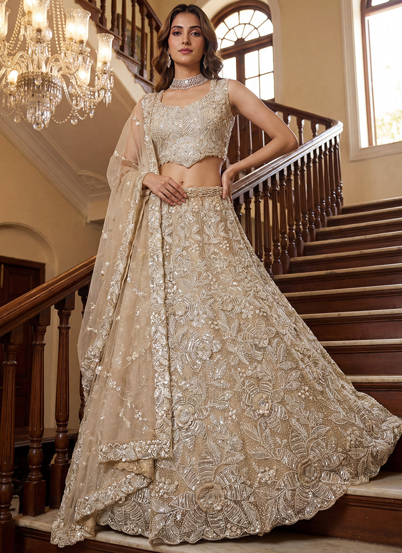 Cream Net Thread Work Wedding Wear Lehenga Choli SW758312