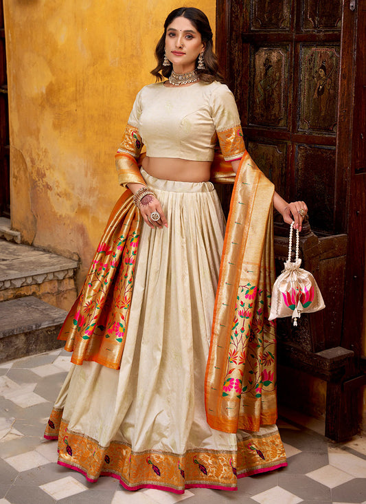 Cream Silk Weaving Work Occasional Wear Lehenga Choli SW899329