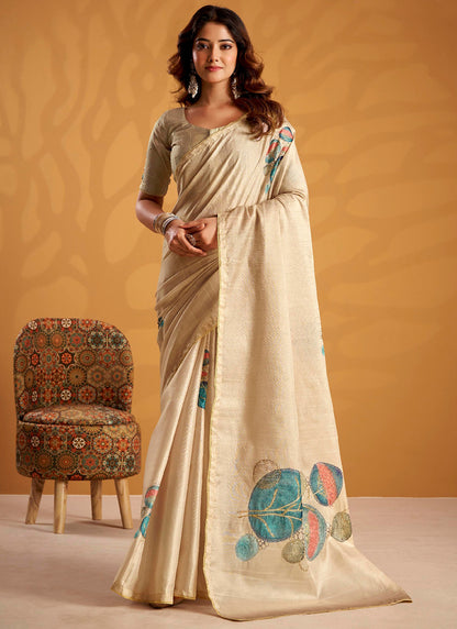 Cream Tussar Silk Printed Work Occasional Wear Saree SW657571
