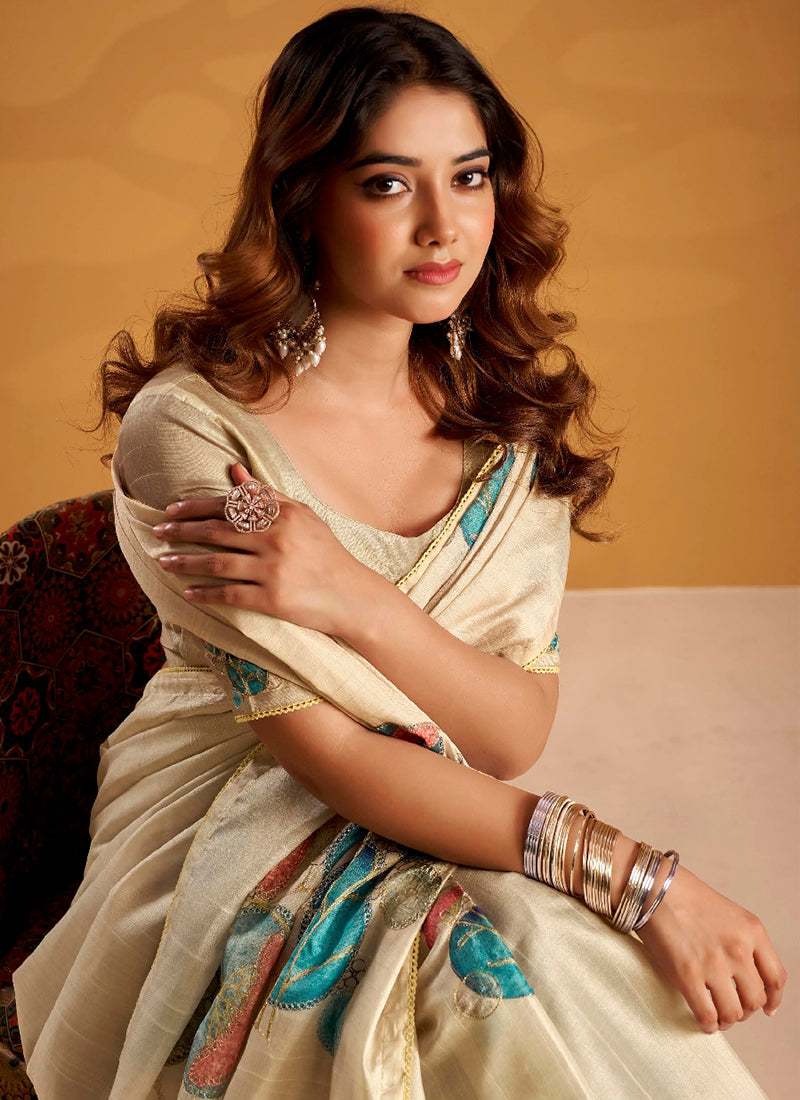 Cream Tussar Silk Printed Work Occasional Wear Saree SW657571