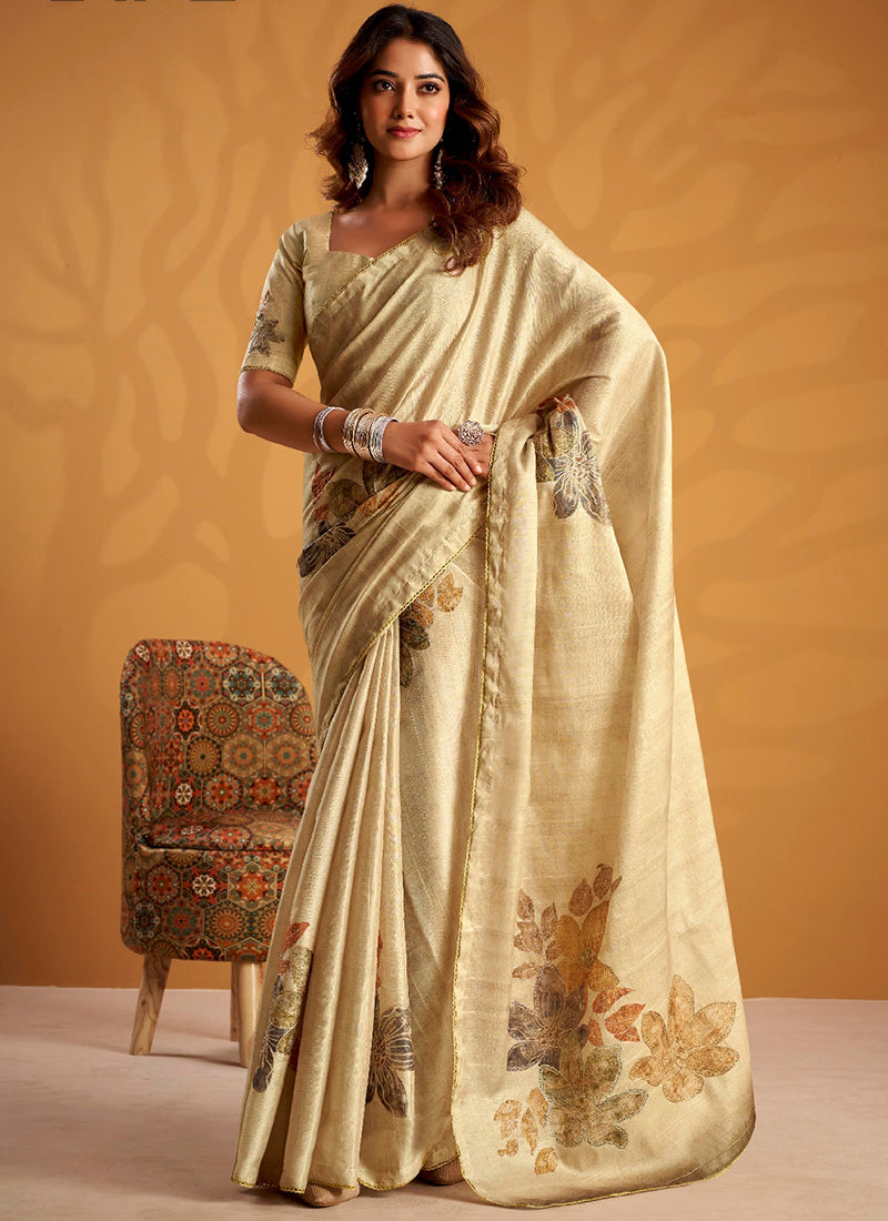 Cream Tussar Silk Printed Work Occasional Wear Saree SW227554
