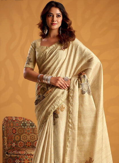 Cream Tussar Silk Printed Work Occasional Wear Saree SW227554