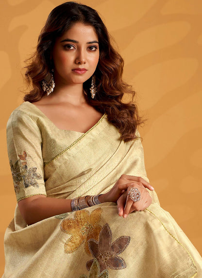 Cream Tussar Silk Printed Work Occasional Wear Saree SW227554