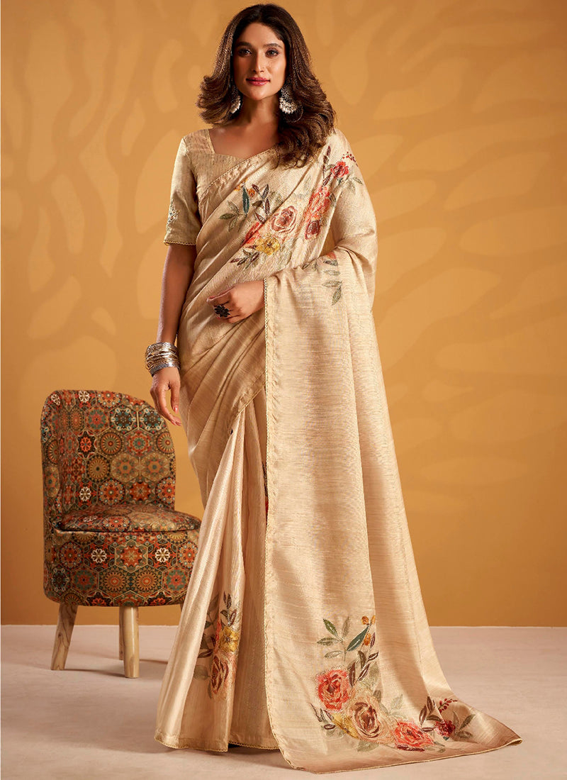 Cream Tussar Silk Printed Work Occasional Wear Saree SW586730