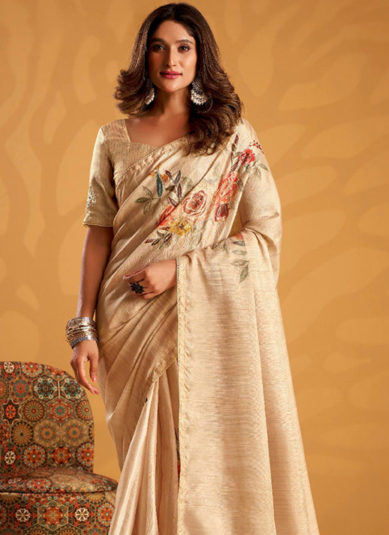 Cream Tussar Silk Printed Work Occasional Wear Saree SW586730