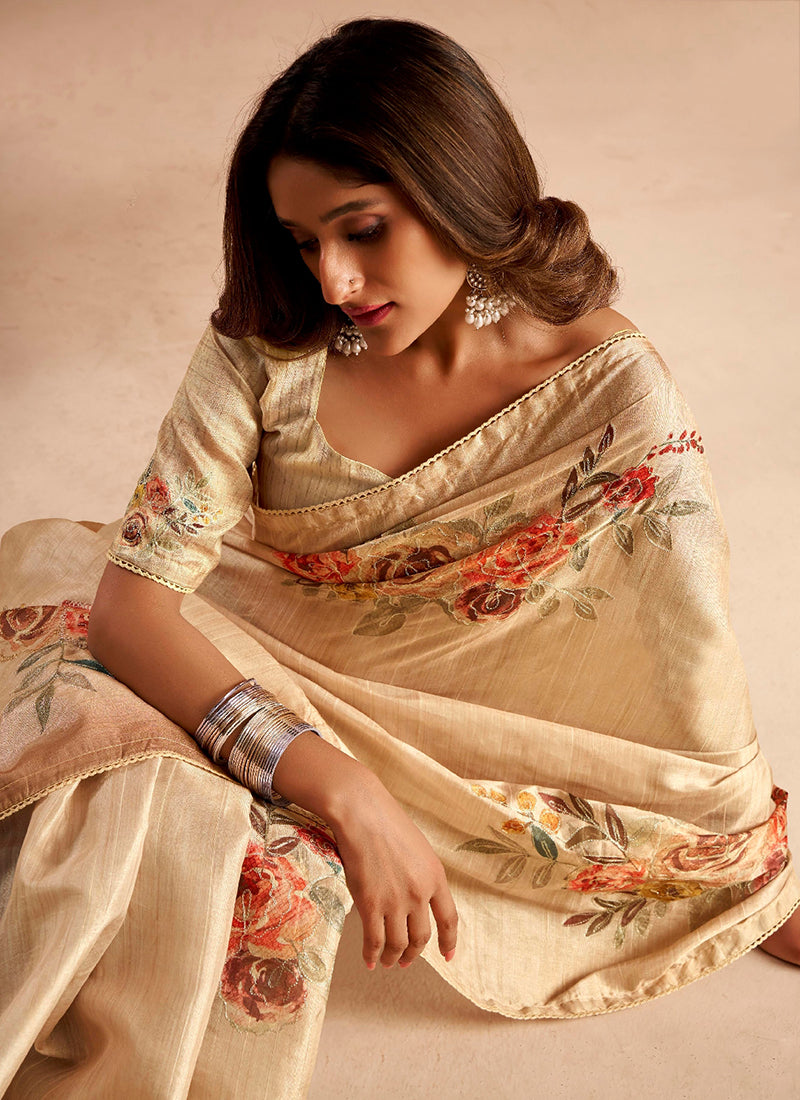 Cream Tussar Silk Printed Work Occasional Wear Saree SW586730