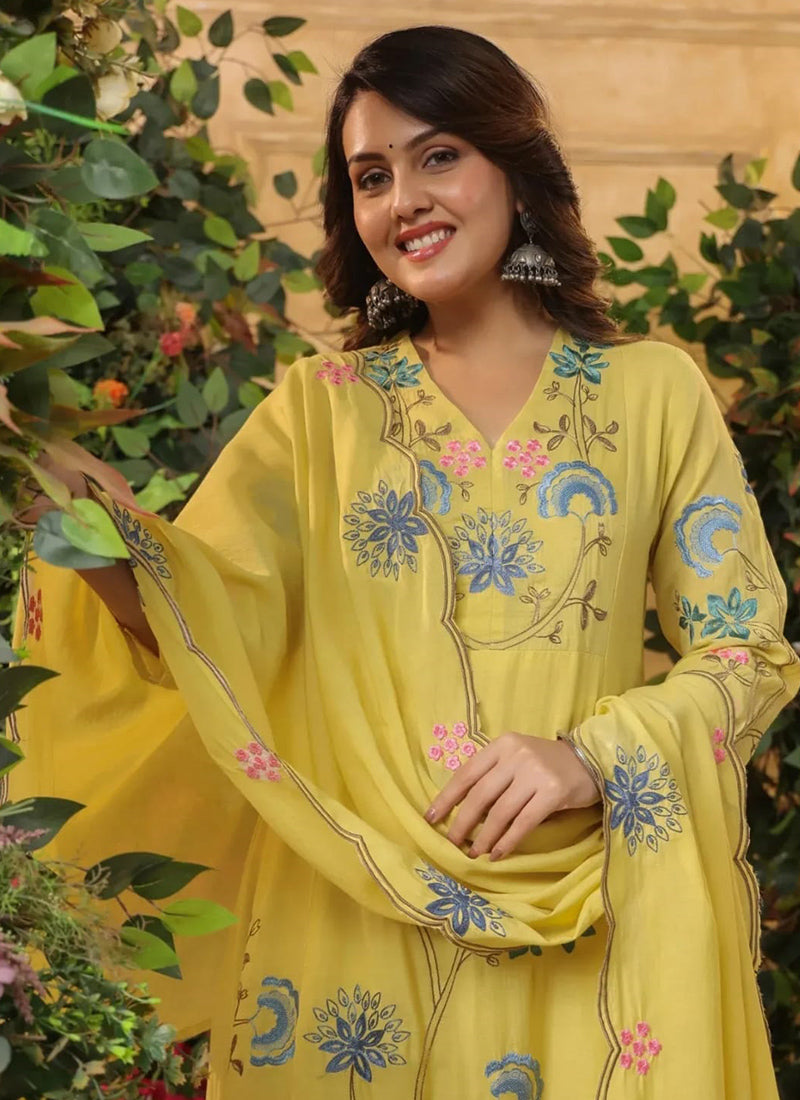 Viscose Light Yellow Festival Wear Embroidery Work Readymade Anarkali Suit 386867