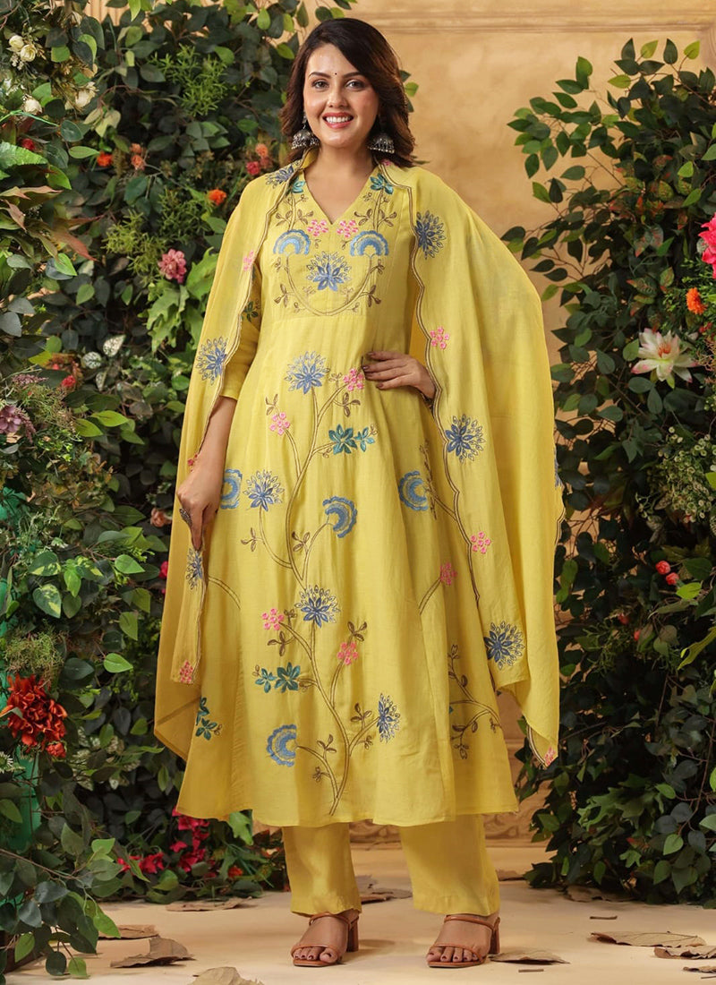 Viscose Light Yellow Festival Wear Embroidery Work Readymade Anarkali Suit 386867