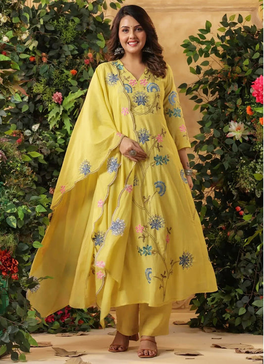 Viscose Light Yellow Festival Wear Embroidery Work Readymade Anarkali Suit 386867