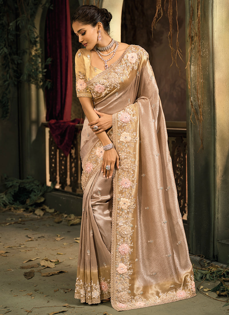 Champagne Beige Giraffe Silk Embroidery Work Wedding Wear Wedding Saree SW456385