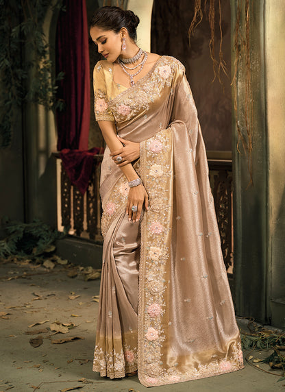 Champagne Beige Giraffe Silk Embroidery Work Wedding Wear Wedding Saree SW456385