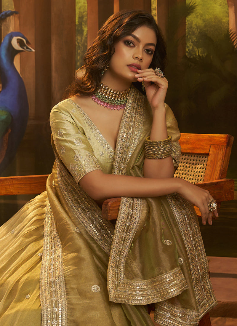 Crepe Champagne Gold Party Wear Zari Sequins Work Lehenga Choli 388598